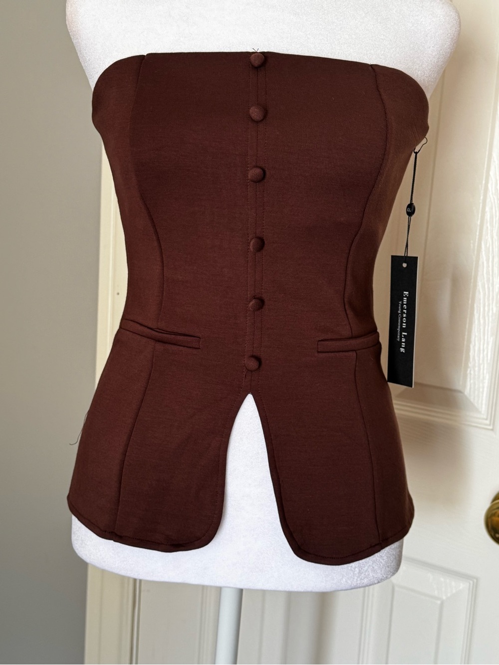Strapless Brown Tailored Bustier Top - Structured Silhouette